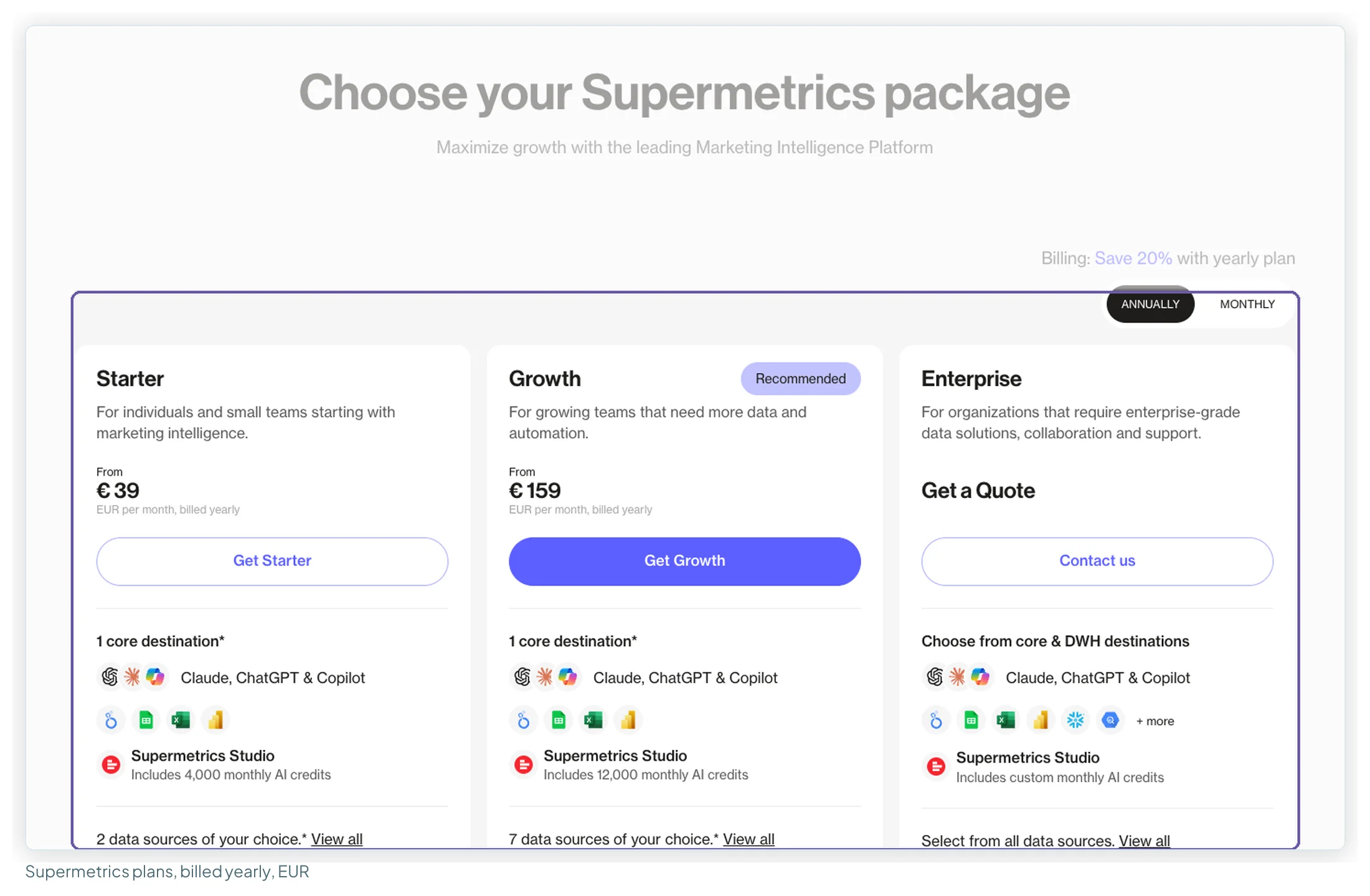 Supermetrics' pricing page on 13 October 2026 with the Annually toggle on: Starter from €39, Growth from €159 and Enterprise on quote, with no Pro plan