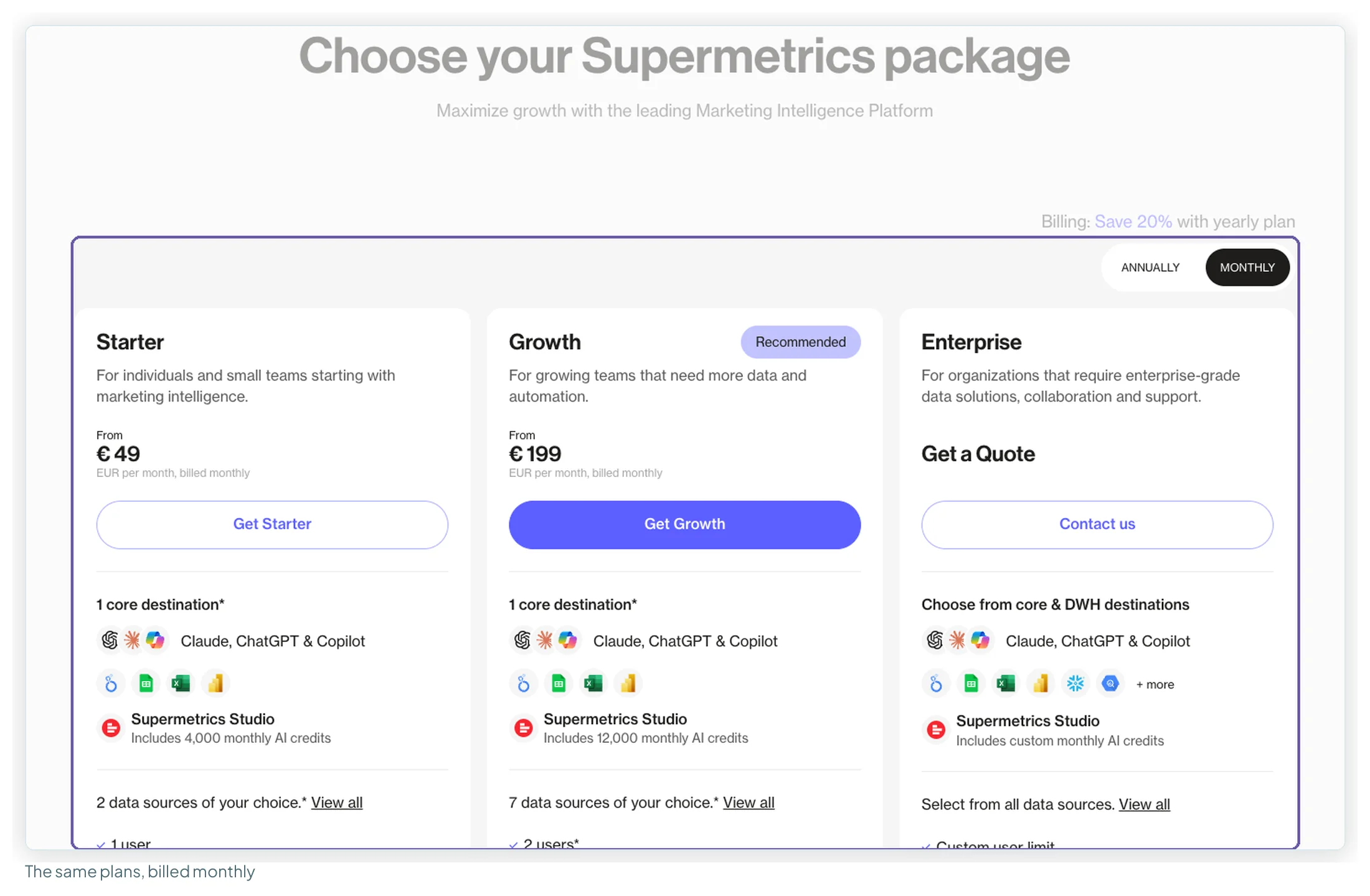 The same Supermetrics pricing page with the Monthly toggle on, showing Starter at €49 and Growth at €199 per month billed monthly