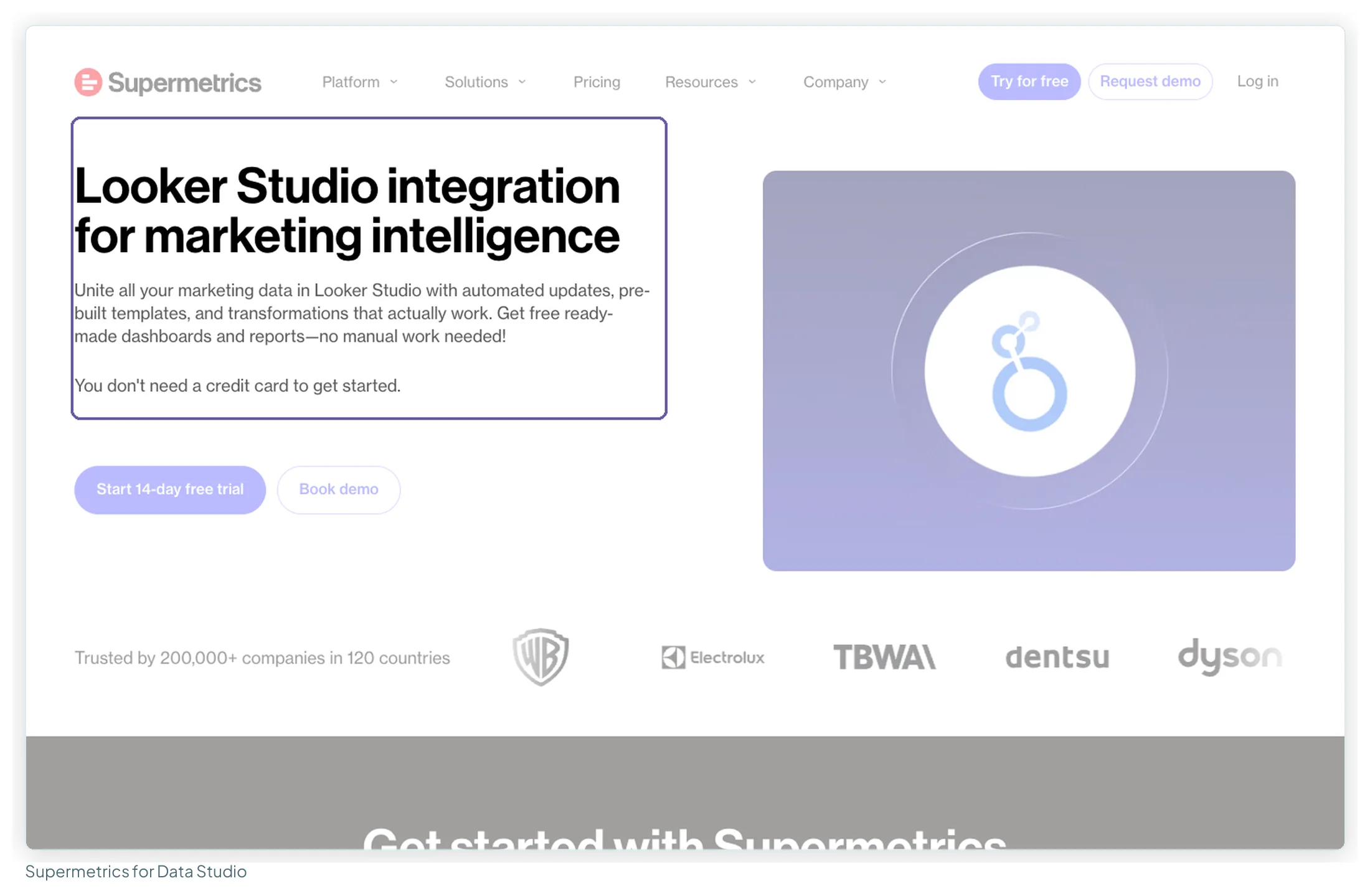 Supermetrics' product page for Data Studio, describing automated updates, pre-built templates and transformations for marketing data in Data Studio