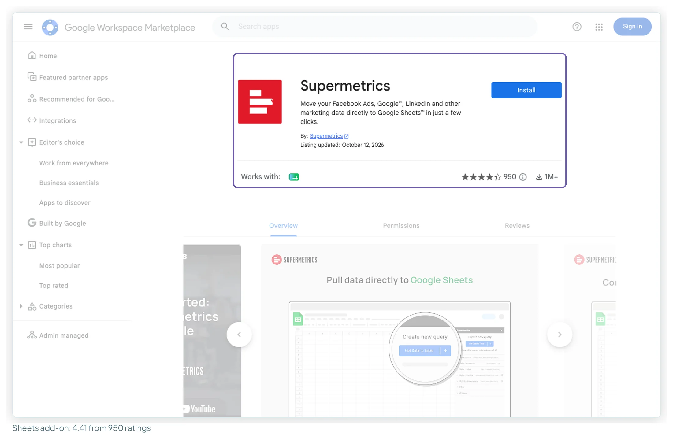 The Supermetrics add-on listing in the Google Workspace Marketplace, with its rating, number of ratings and install count